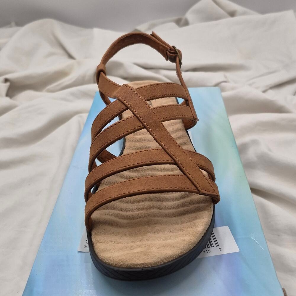 NEW Easy Street Lobo Tan Strappy Cross Ankle Strap Comfort Wedge Sandals 9 Wide